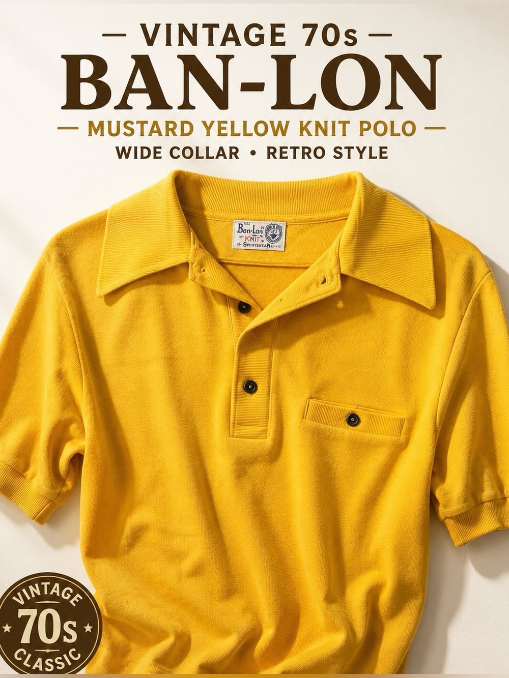 Vintage 70s Ban-Lon Knit Polo Shirt Men’s Large Mustard Yellow Retro Wide Collar